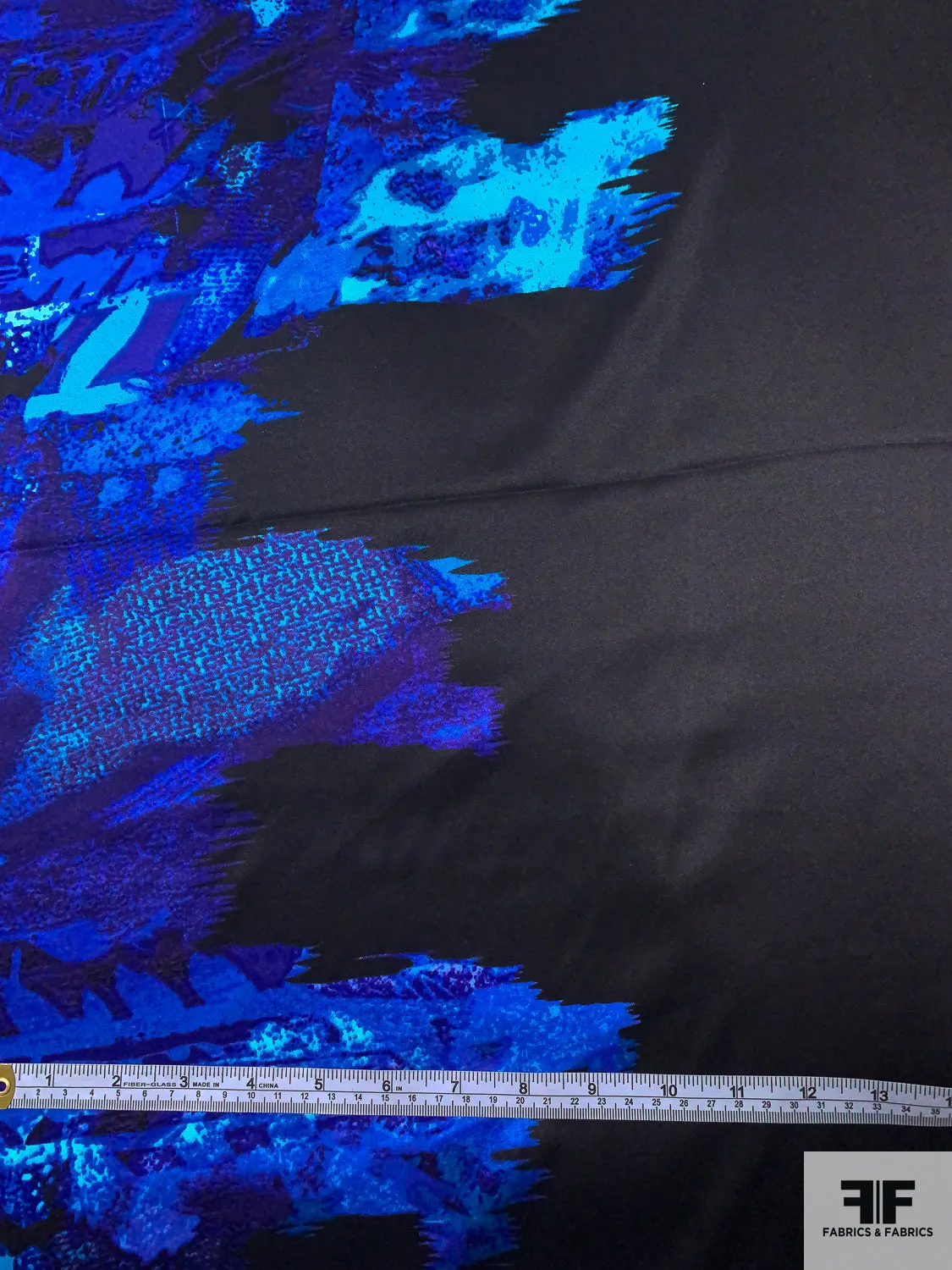 Abstract Border Pattern Printed Stretch Silk Charmeuse - Black / Indigo / Turquoise