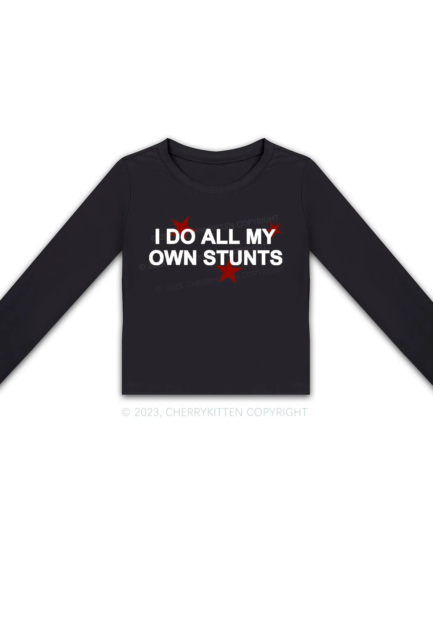 All My Own Stunts Long Sleeve Crop Top Cherrykitten