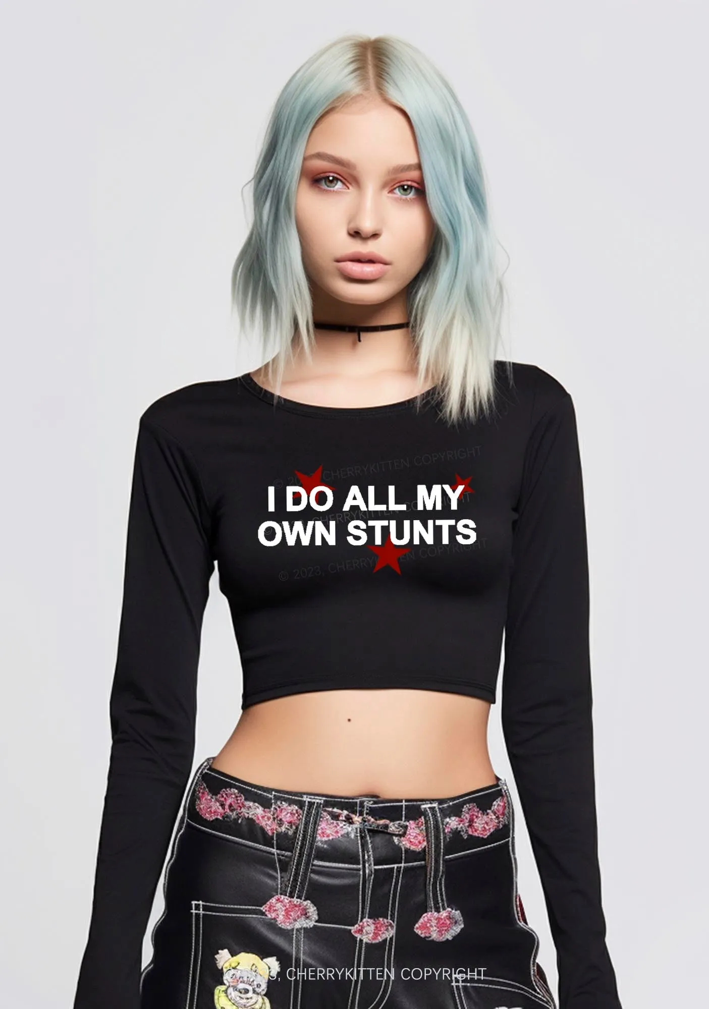 All My Own Stunts Long Sleeve Crop Top Cherrykitten