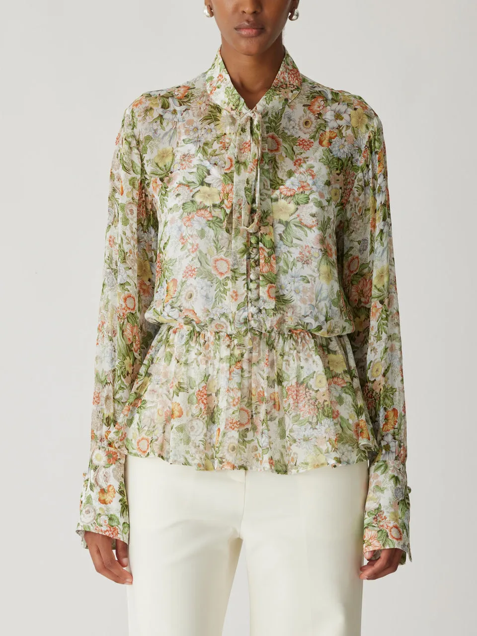 All Over Floral On Viscose Chiffon Tie Front Blouse