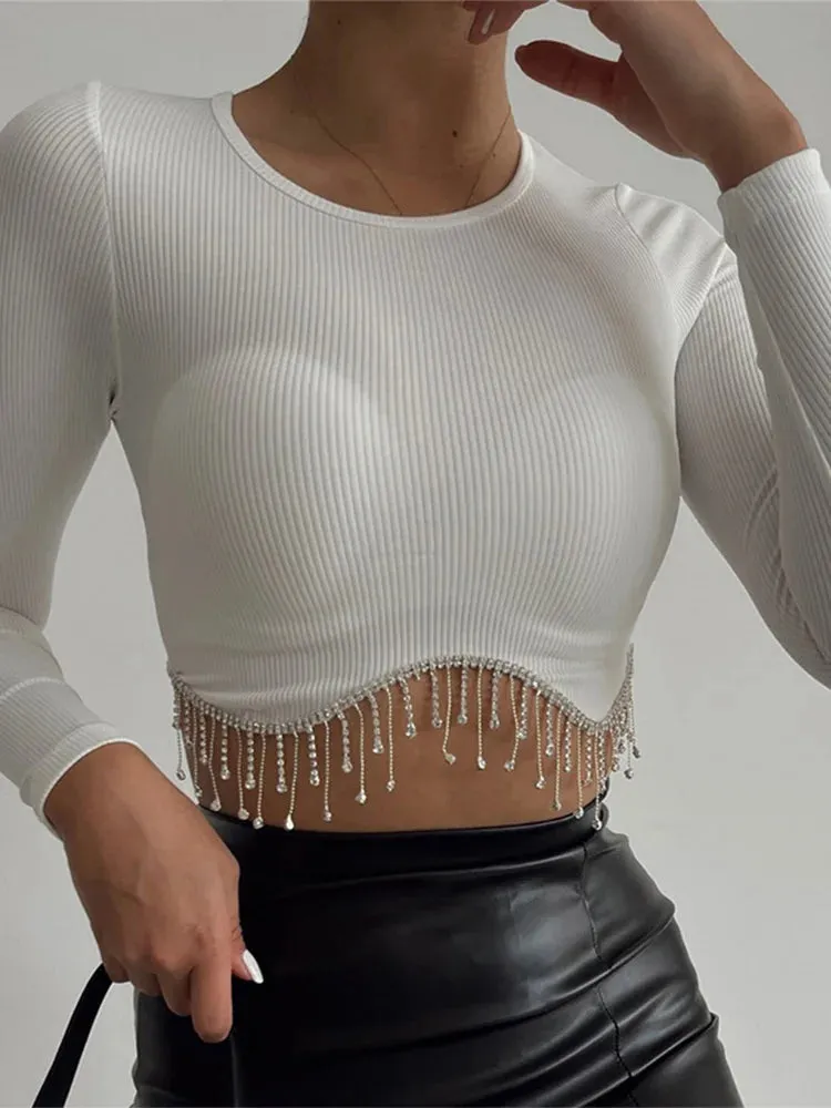 AMY - Rhinestone Tassel Crewneck Elegant Long Sleeve T-shirt Crop Top