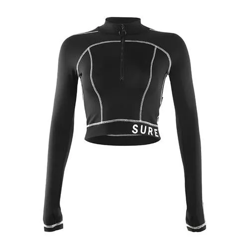 Autumn Casual Black Crop Top T Shirts Women Fitness Activewear Zipper Turtleneck Long Sleeve Striped Basic Tshirt