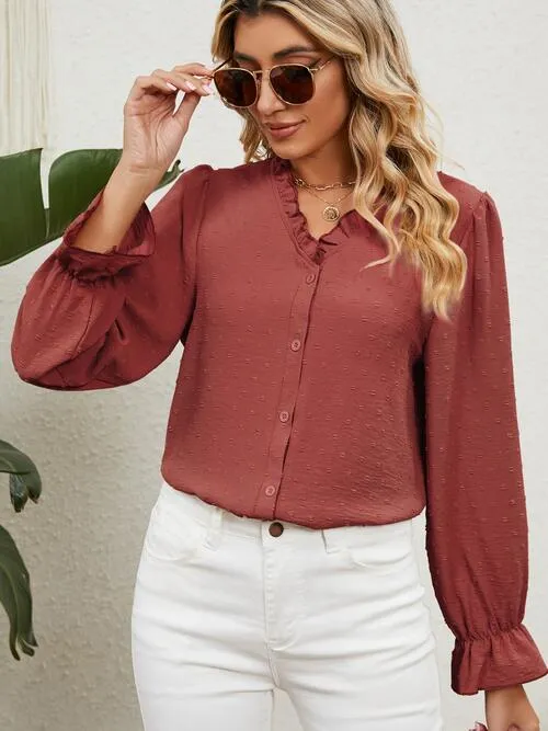 BerryBetty - Button Up Flounce Sleeve V-Neck Shirt