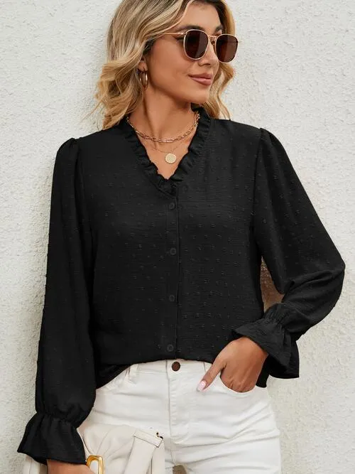 BerryBetty - Button Up Flounce Sleeve V-Neck Shirt