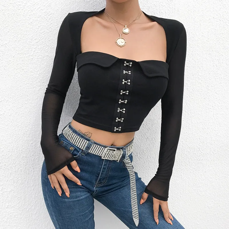 Black Vintage Crop Top Square Collar Sequined Mesh Patchwork Long Sleeve