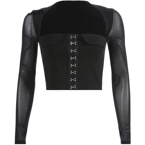 Black Vintage Crop Top Square Collar Sequined Mesh Patchwork Long Sleeve