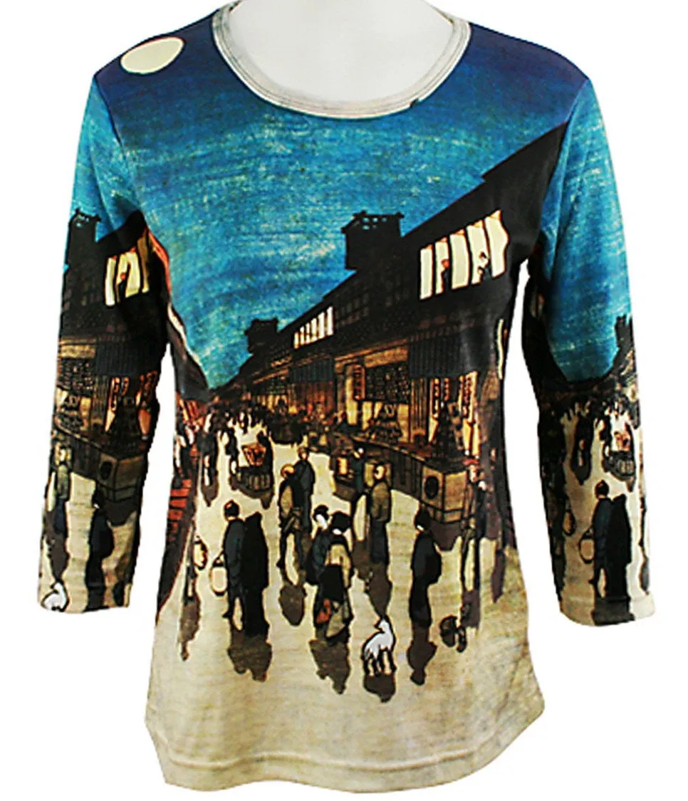 Breeke - Japanese Town Full Moon, 3/4 Sleeve Scoop Neck Hand Silk Screened Top