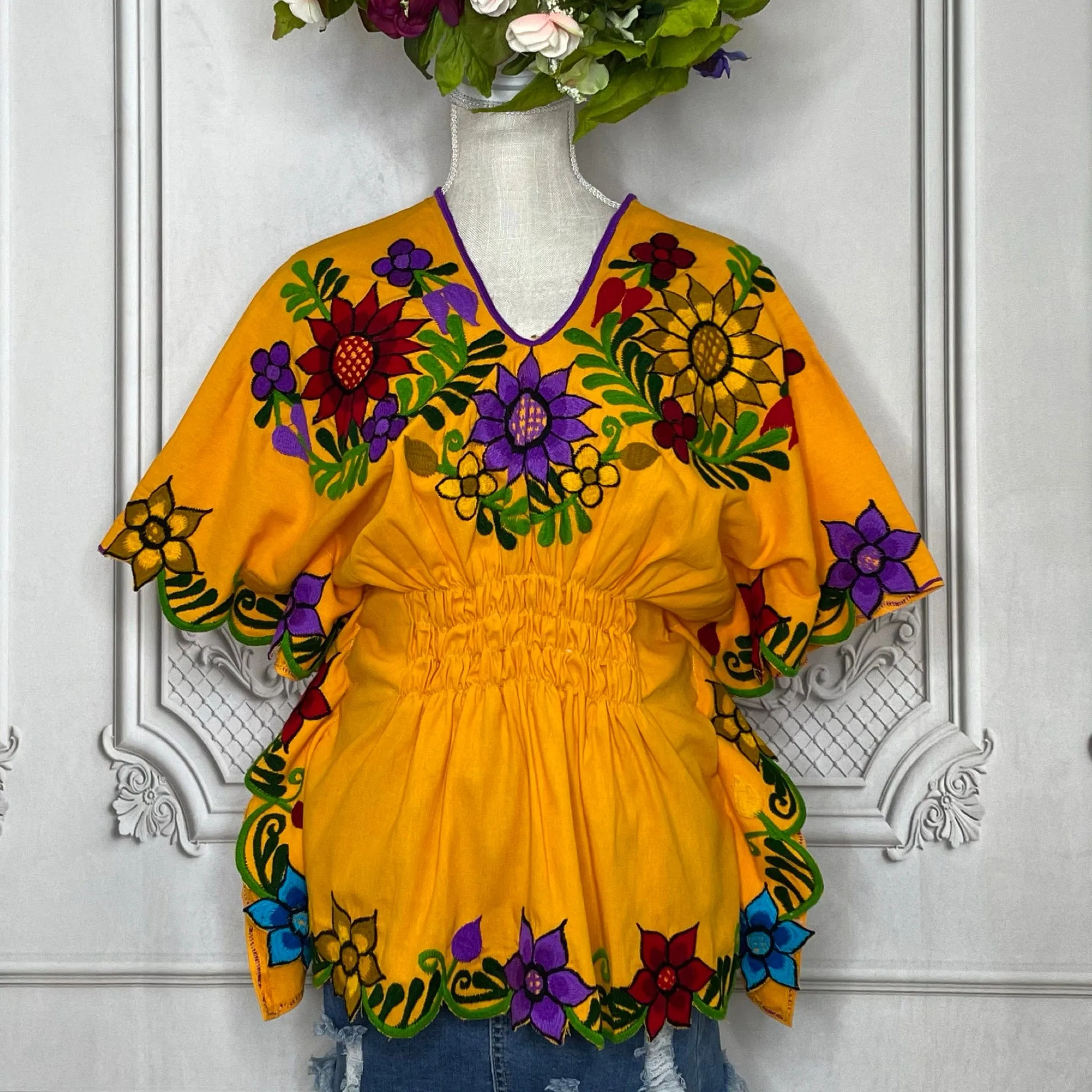 Butterfly Sleeve Peplum Blouse - Sunflowers