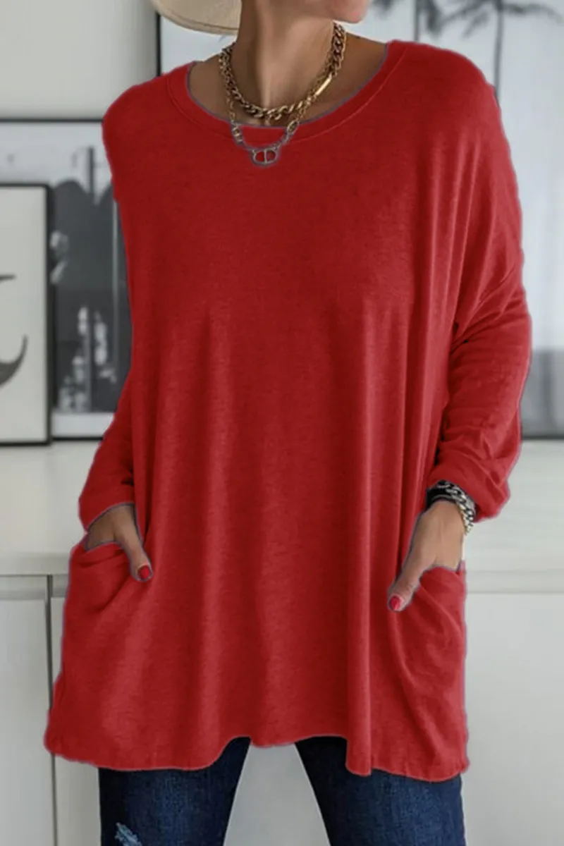 Casual Solid Patchwork Pocket O Neck Tops