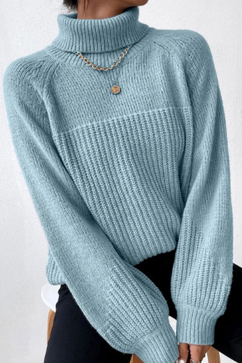 Casual Solid Patchwork Turtleneck Tops