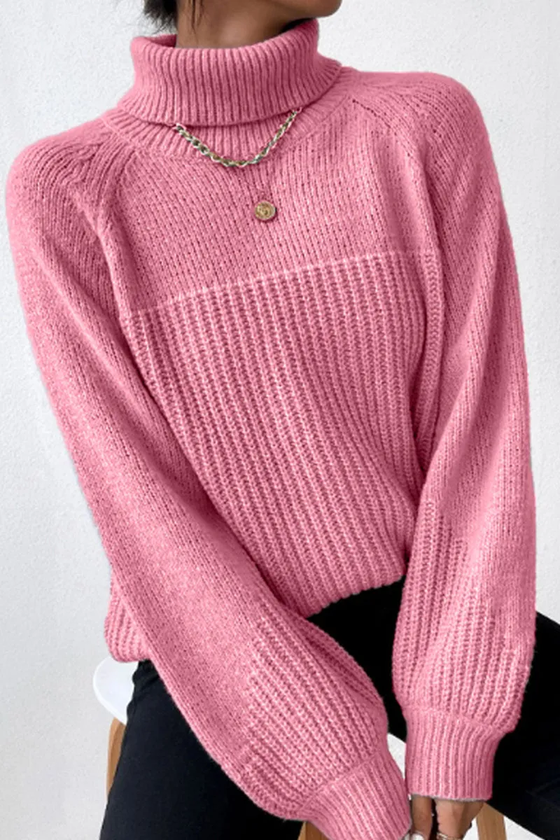 Casual Solid Patchwork Turtleneck Tops