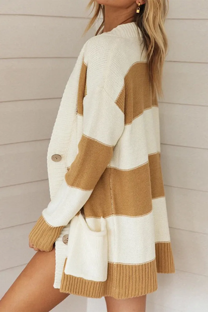 Casual Striped Patchwork Contrast Cardigan Collar Tops