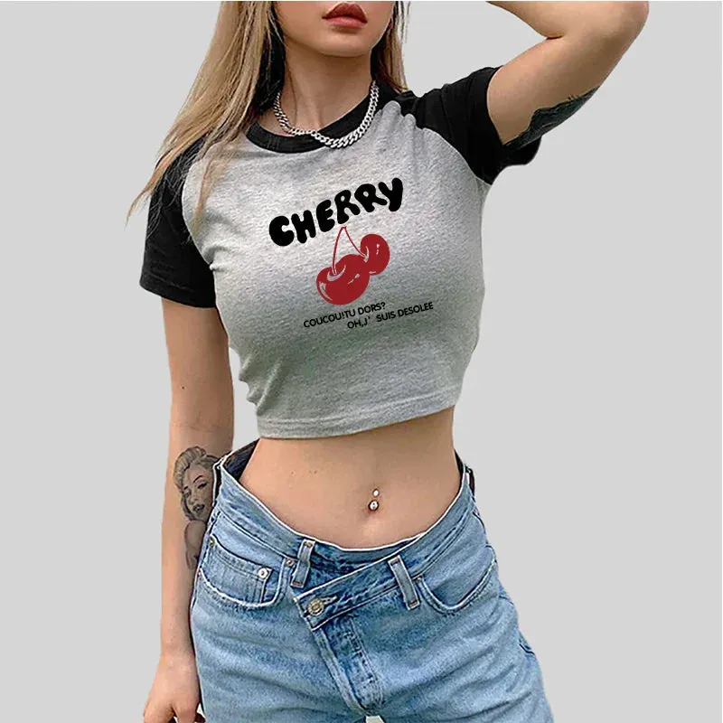 Cherry Letters Retro Sports Style Crop Top O-Neck Baby Tee Crop Top