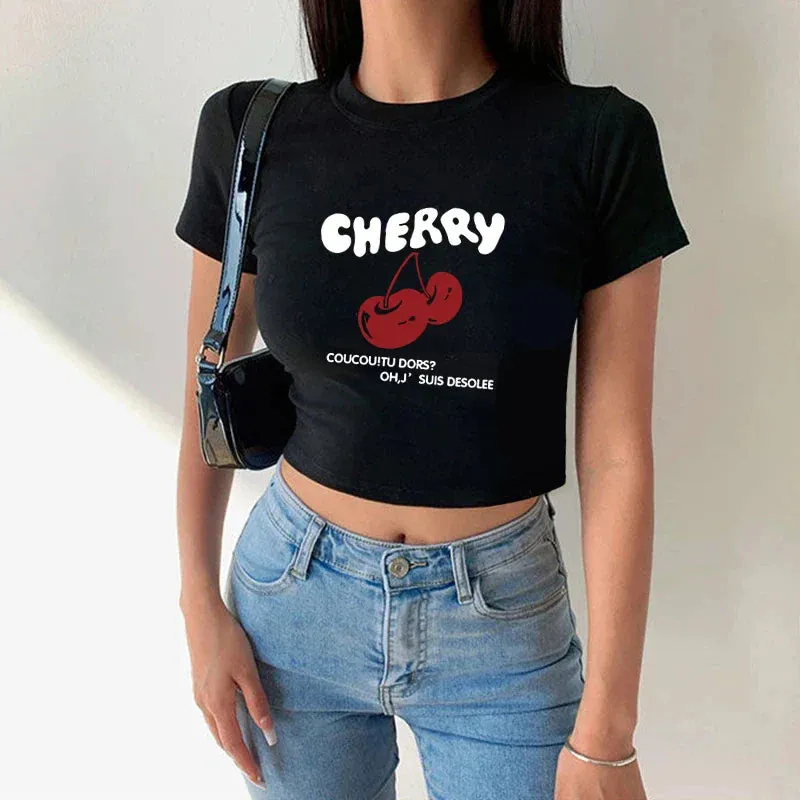 Cherry Letters Retro Sports Style Crop Top O-Neck Baby Tee Crop Top