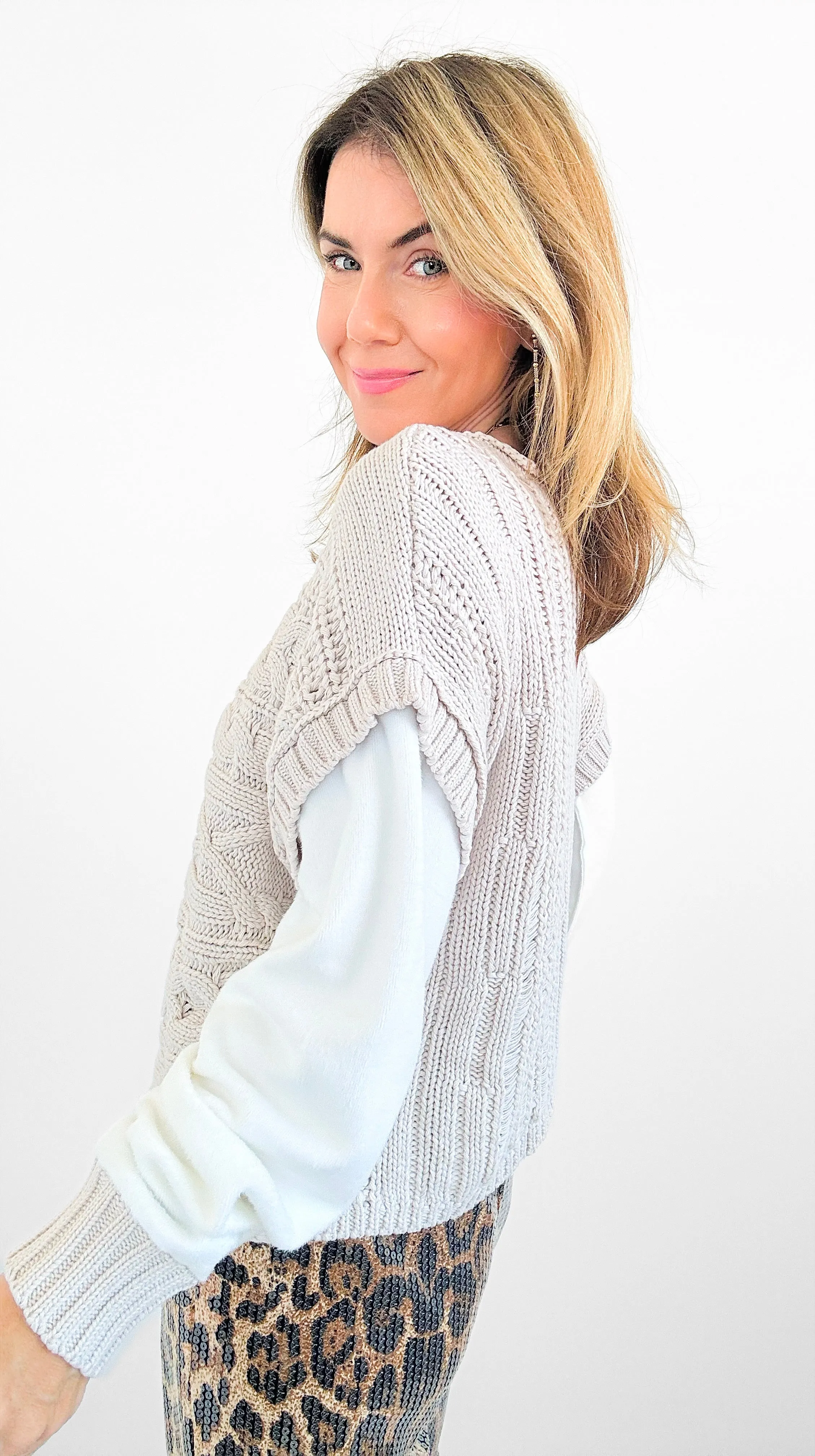 Contrast Cable Knit Sweater- Beige