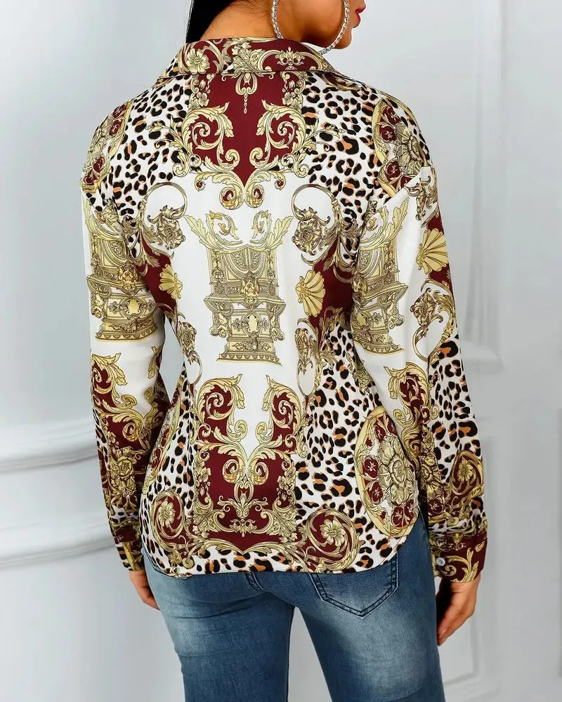 Deanwangkt - Baroque Cheetah Print Button-Down Long Sleeve Top