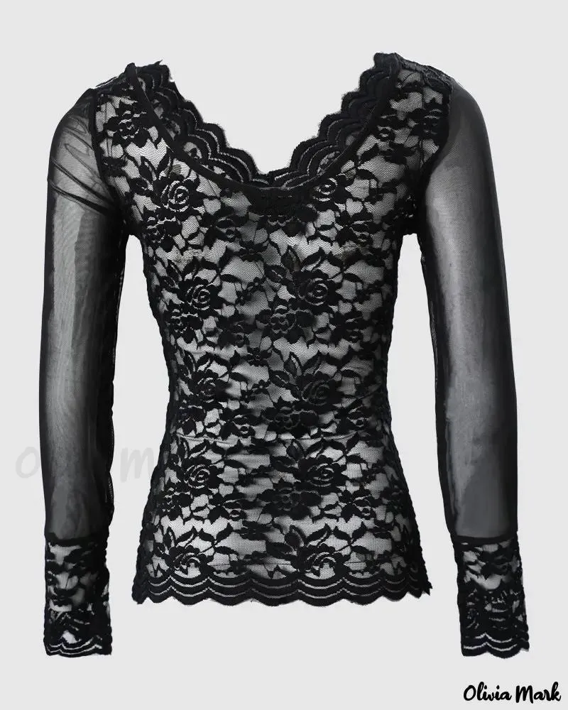 Deanwangkt - Sheer lace long sleeve top with embroidery