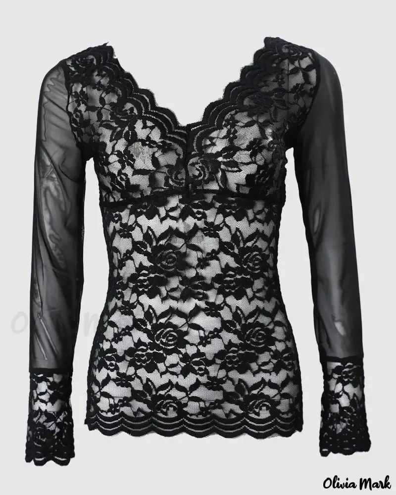 Deanwangkt - Sheer lace long sleeve top with embroidery