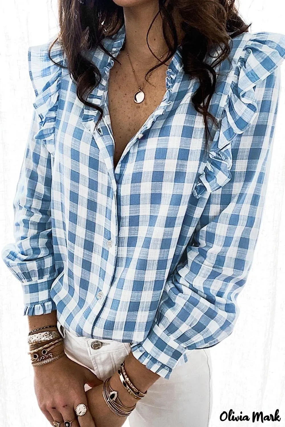 Deanwangkt - Sky blue checked ruffled button-down shirt