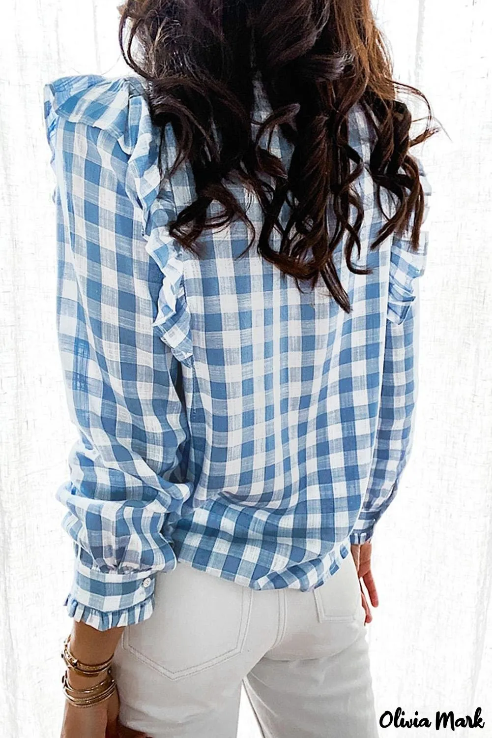 Deanwangkt - Sky blue checked ruffled button-down shirt