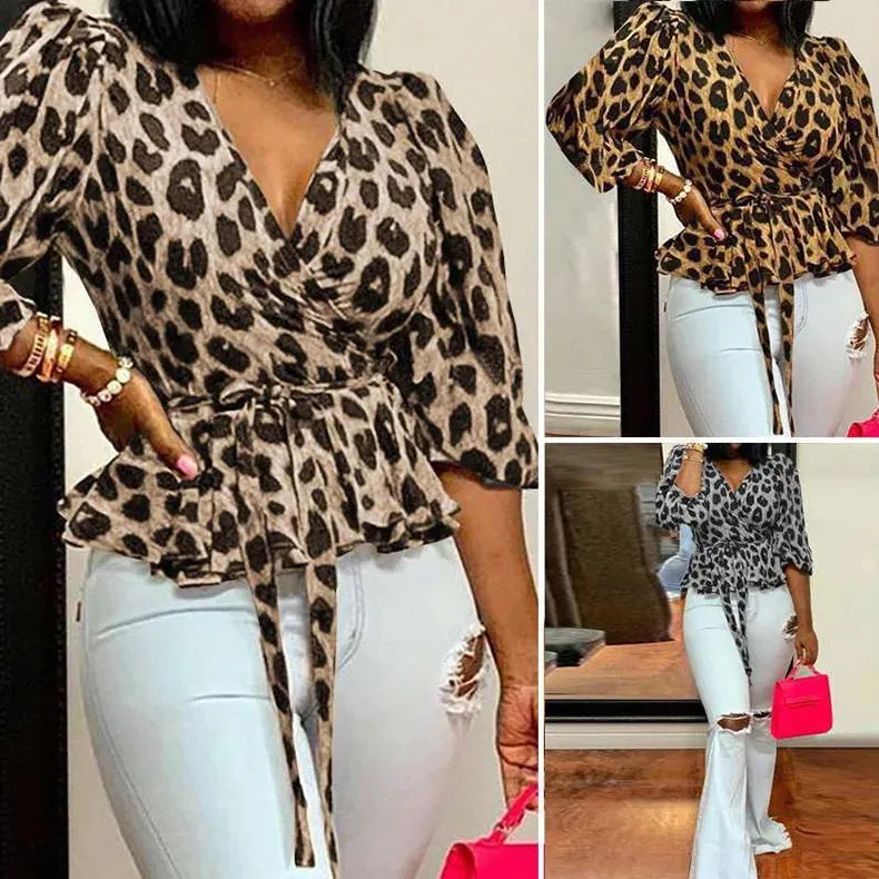 Deep V-Neck Leopard Print Wrapped Top