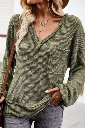 DEEP V NECK ONE POCKET LONG SLEEVE KNIT