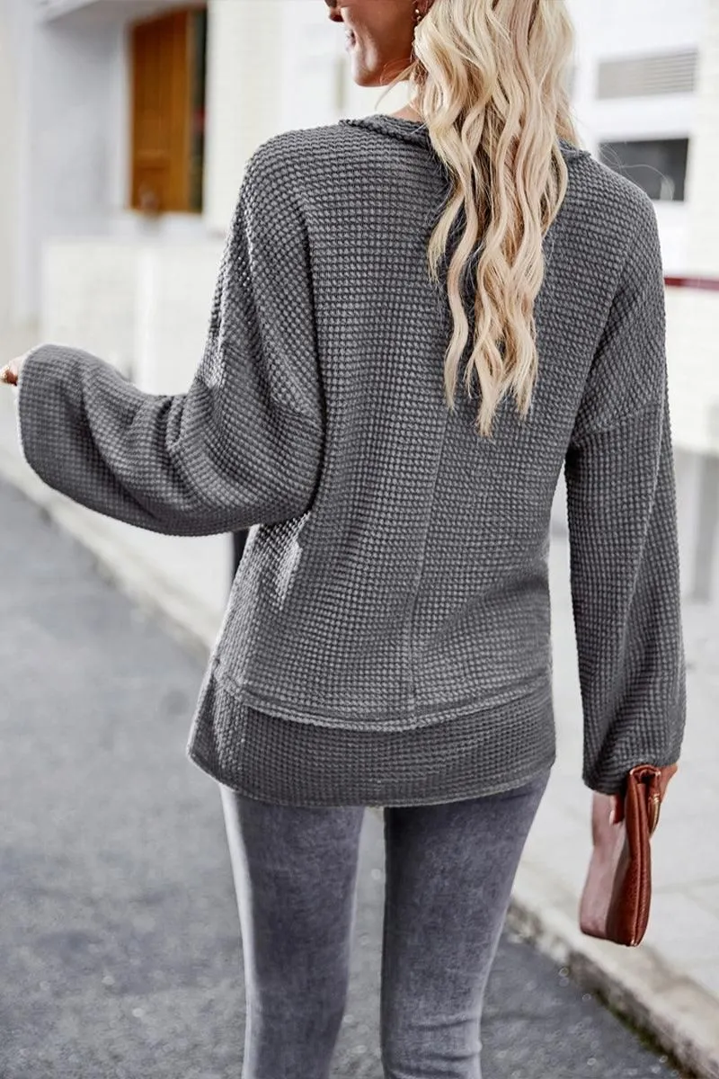 DEEP V NECK ONE POCKET LONG SLEEVE KNIT