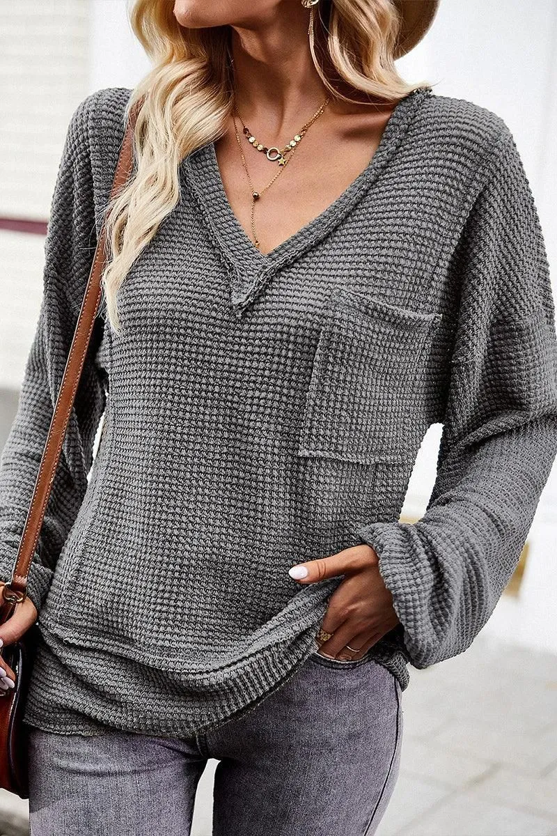 DEEP V NECK ONE POCKET LONG SLEEVE KNIT