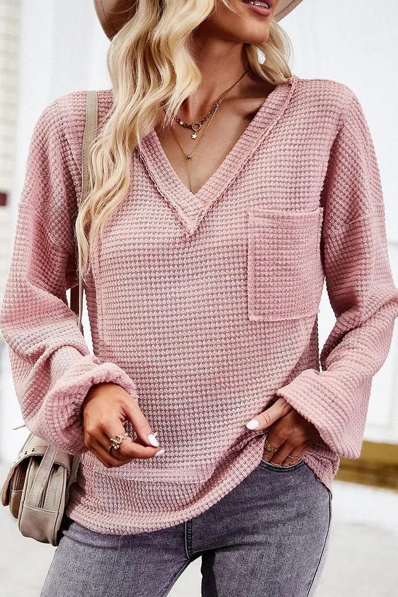 DEEP V NECK ONE POCKET LONG SLEEVE KNIT