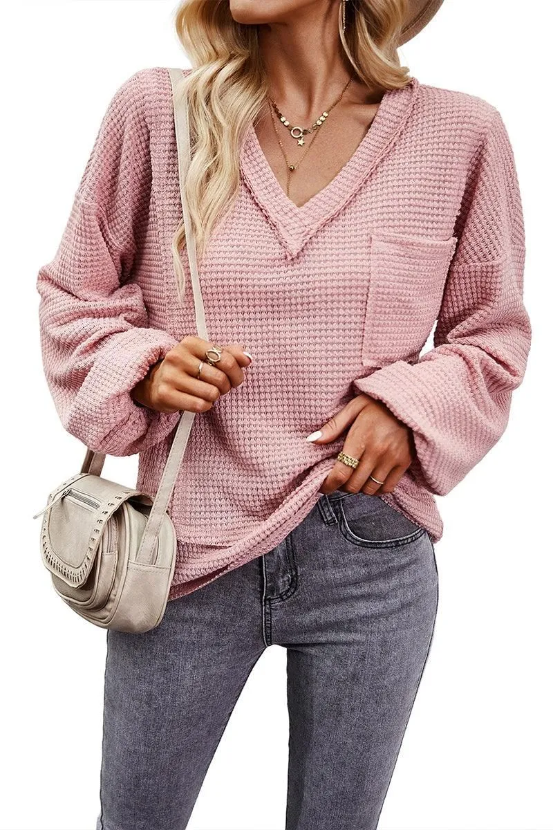 DEEP V NECK ONE POCKET LONG SLEEVE KNIT