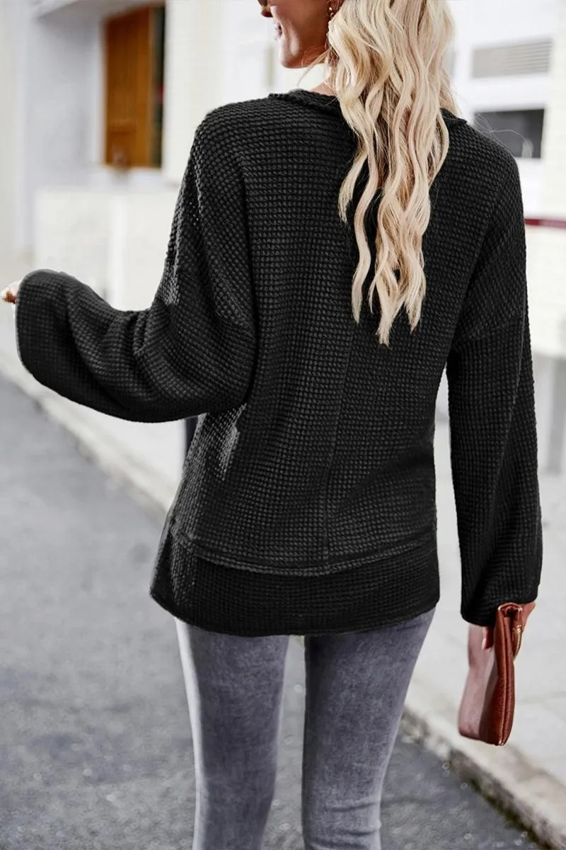 DEEP V NECK ONE POCKET LONG SLEEVE KNIT