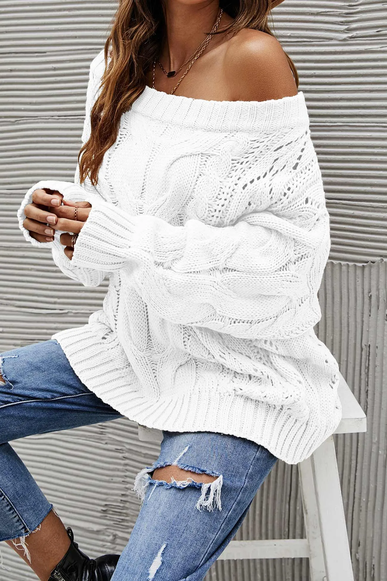 Drop Shoulder Hollow Out Cable Knit Sweater