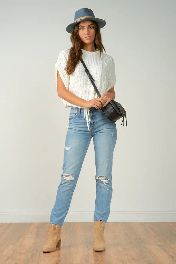 Elan Off White Cap Sleeve Cable Knit Crop Sweater