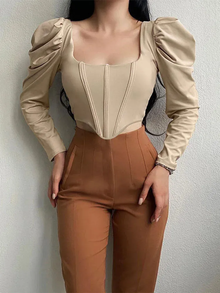 Elegant Long Sleeve Solid Crop Top with Square Collar