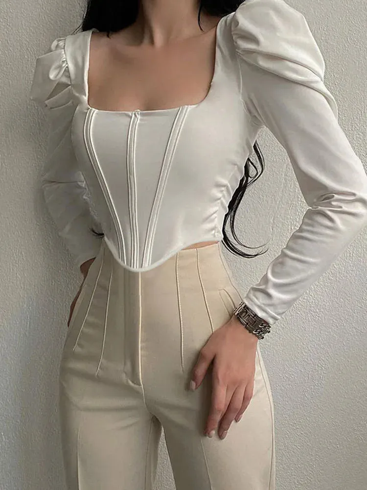 Elegant Long Sleeve Solid Crop Top with Square Collar