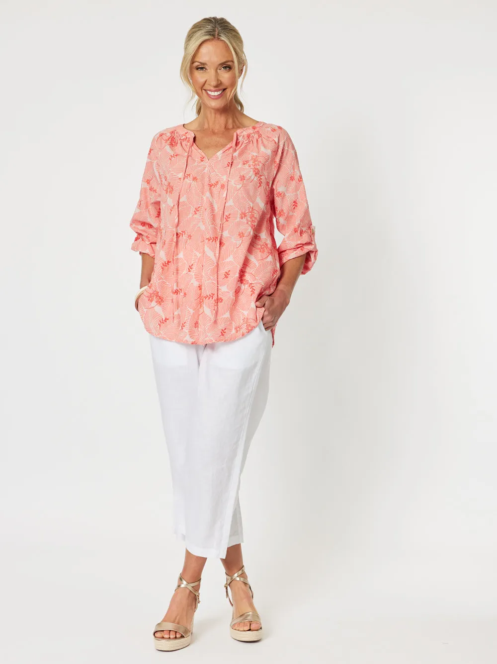 Emma Cotton Embroidered Shirt - Melon