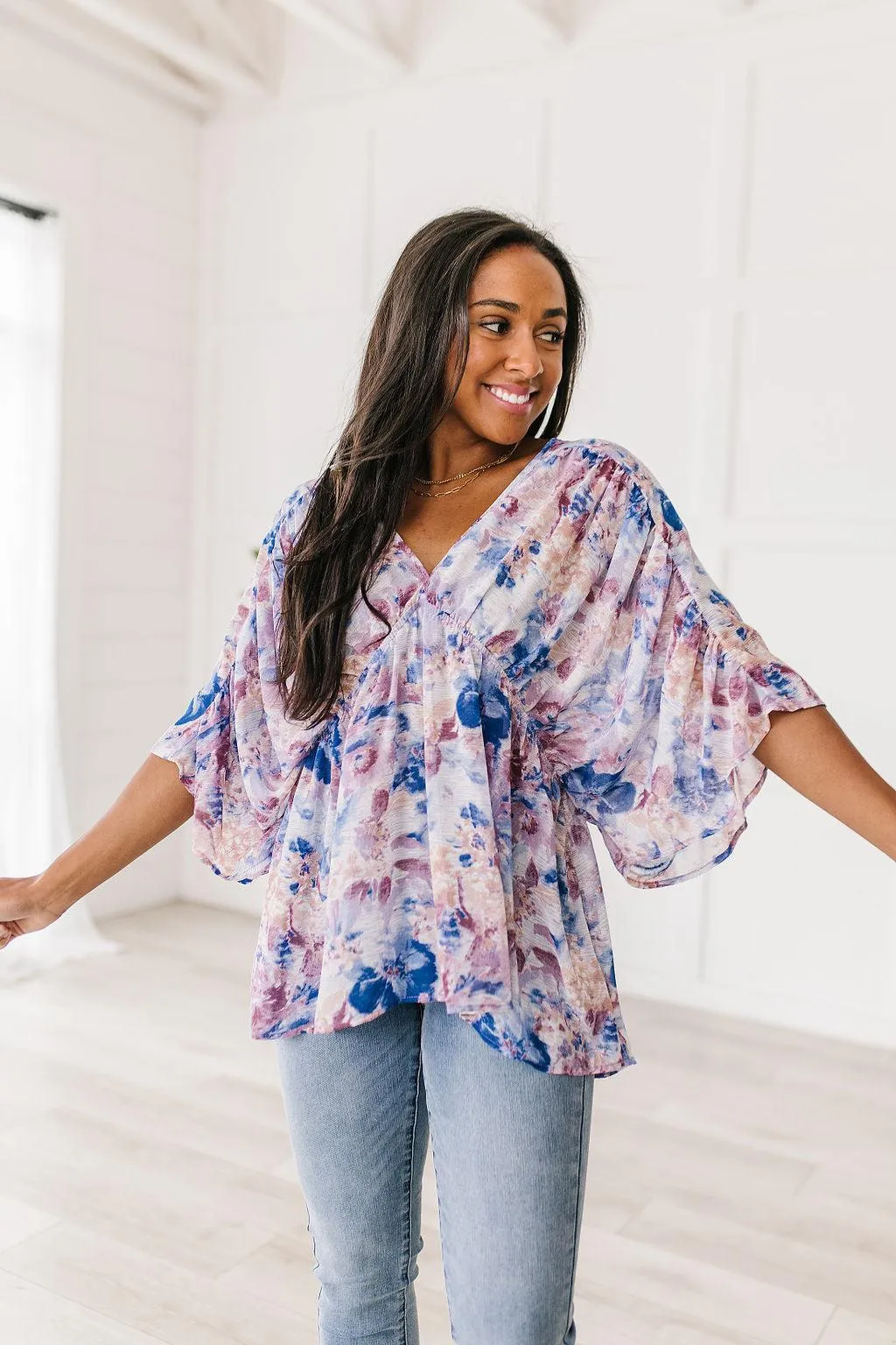 Fabled in Floral Draped Peplum Top in Blue