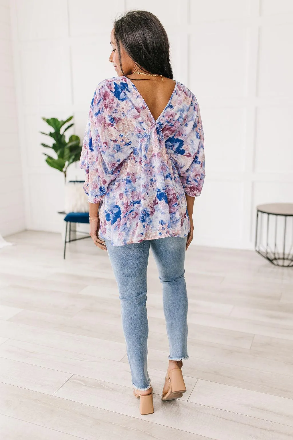 Fabled in Floral Draped Peplum Top in Blue