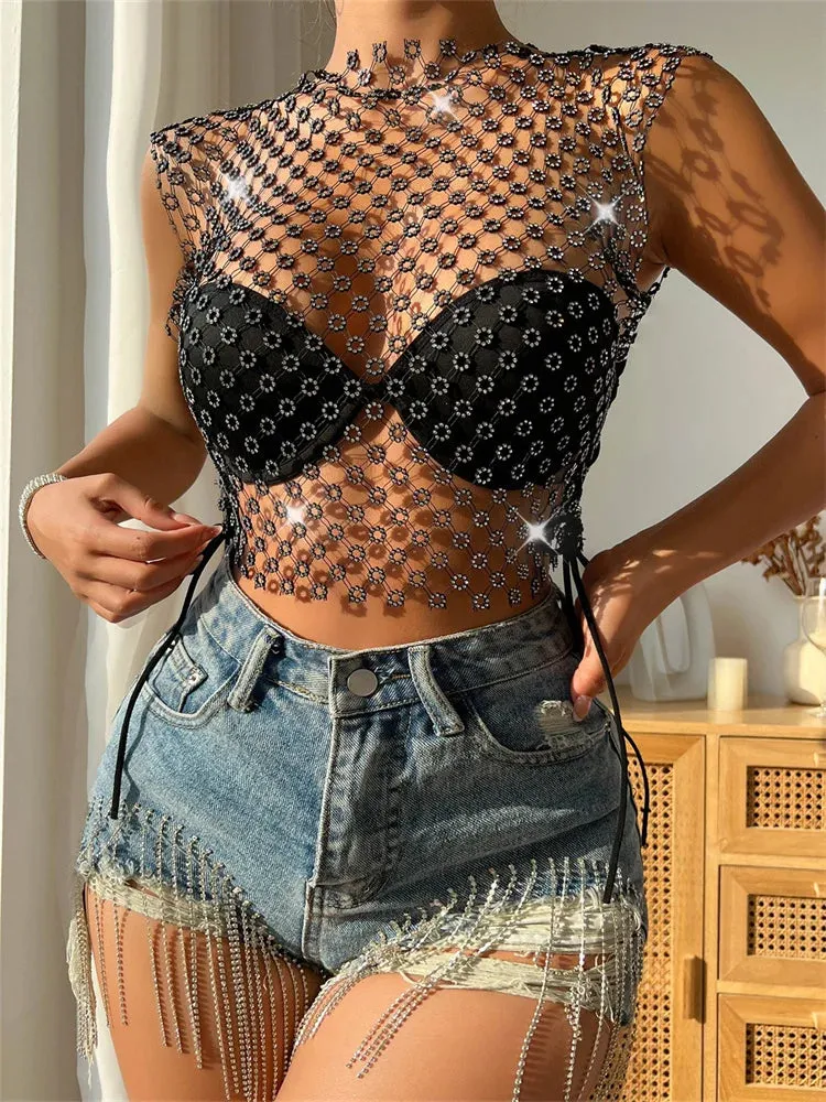 FashionSierra - 2024 Fishnet Hollow Out Rhinestones Sleeveless Mini Beach Cover Ups Crop Tops