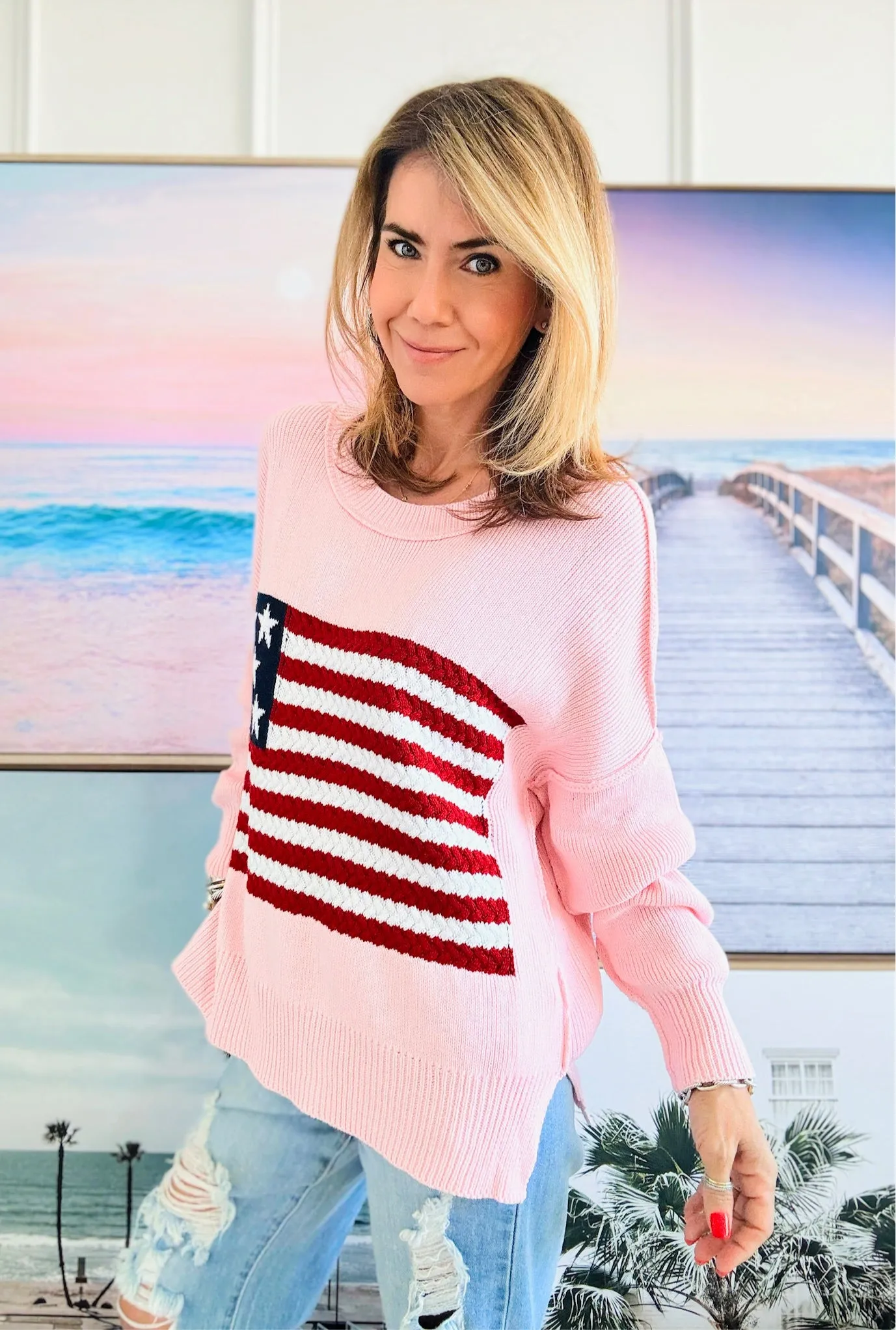 Flag Cable Knit Sweater Top - Blush