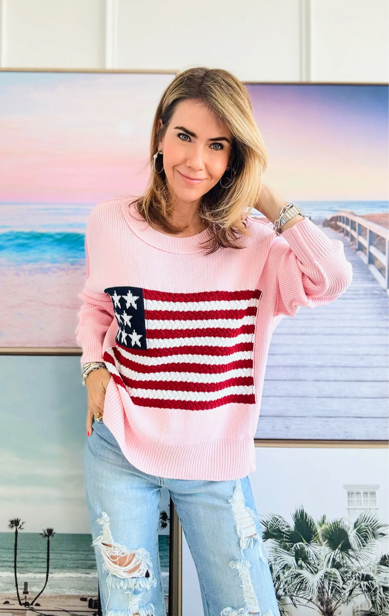 Flag Cable Knit Sweater Top - Blush