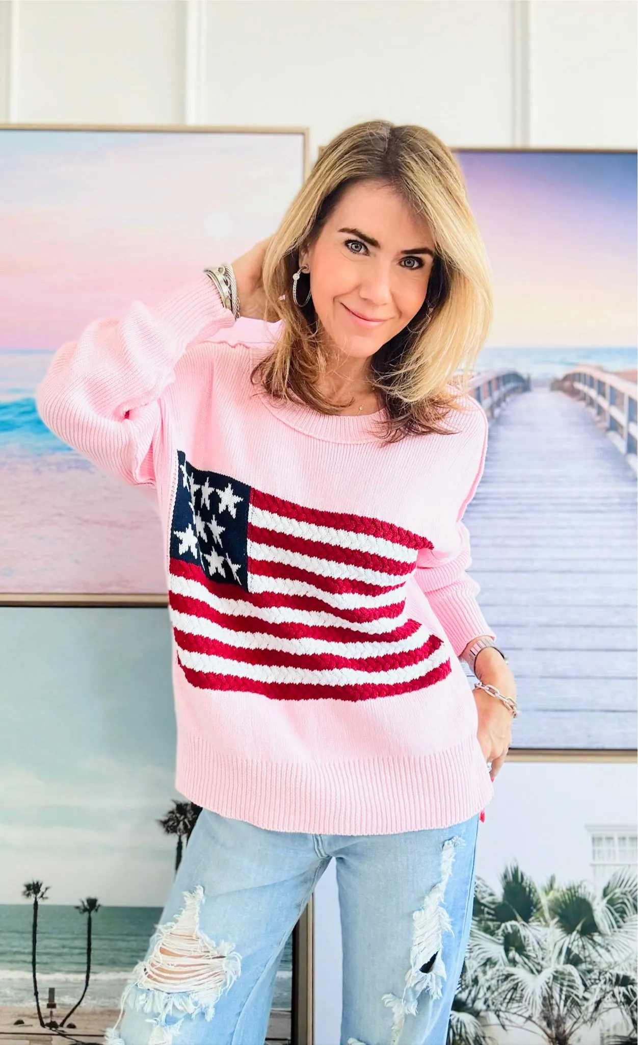 Flag Cable Knit Sweater Top - Blush