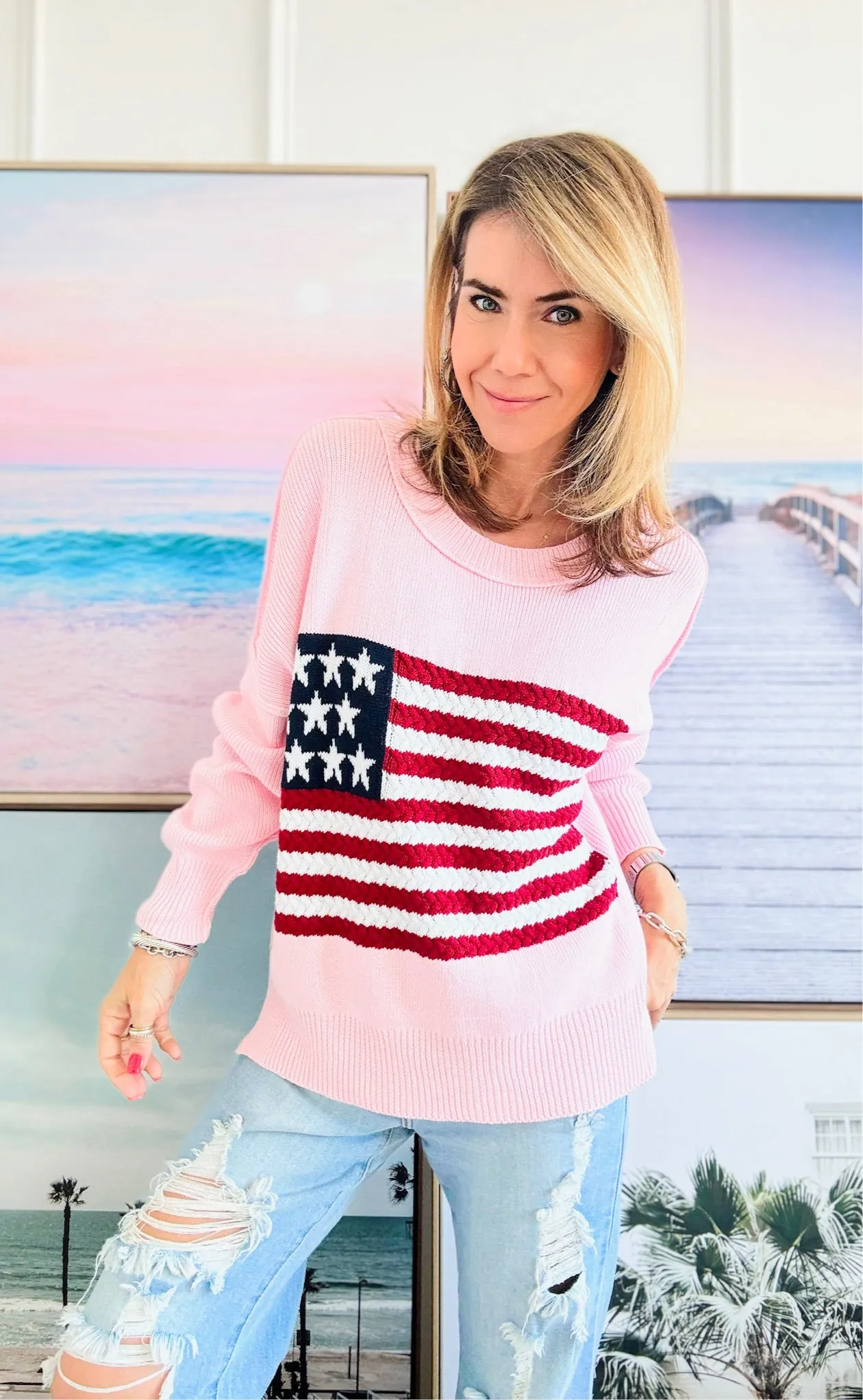 Flag Cable Knit Sweater Top - Blush