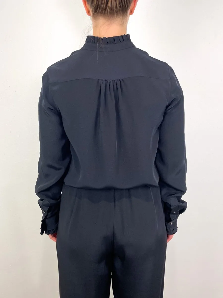 Frill Blouse in Black Silk Crepe