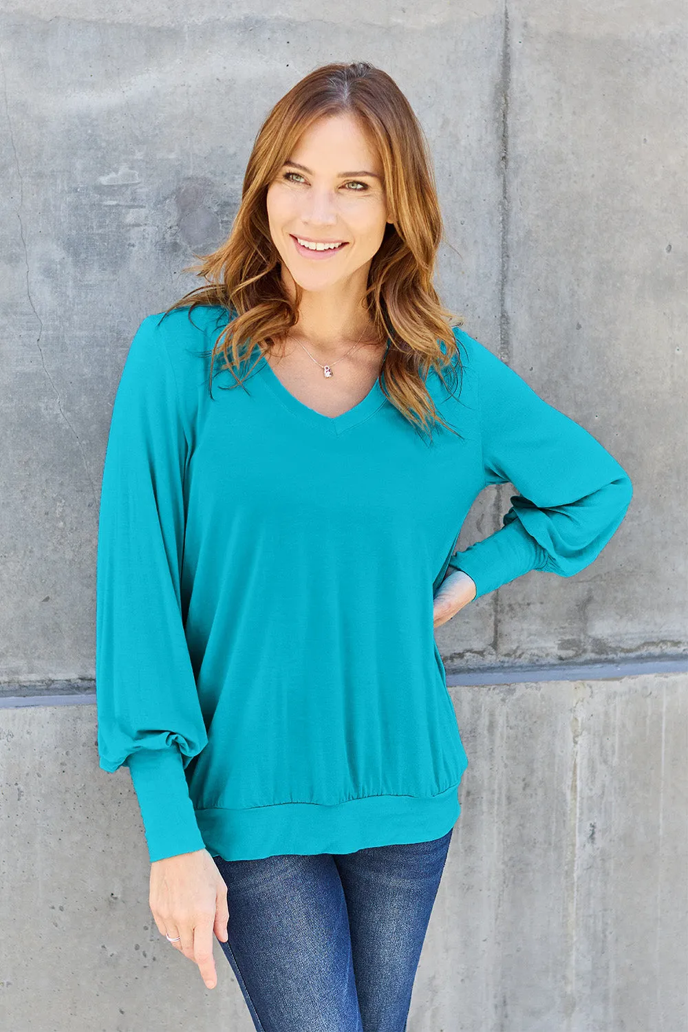 Full Size V-Neck Lantern Sleeve Top