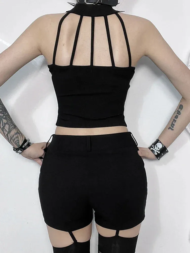 Gothic Halter Knit Sleeveless Sexy Summer Black Darkness Bodycon Crop Harajuku Punk Top