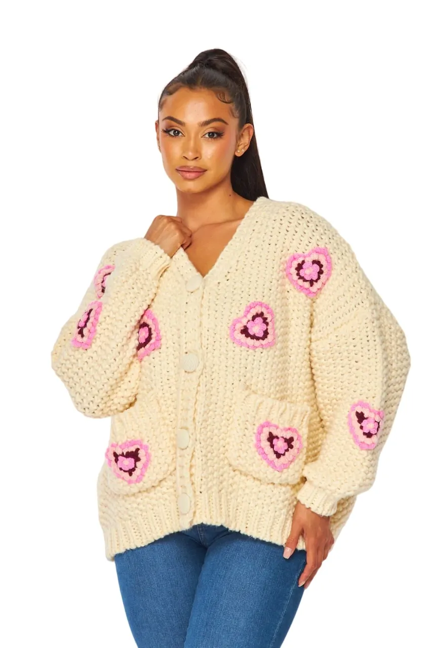 Hot & Delicious Women's Pink Floral Heart Chunky Knit Cardigan Sweater