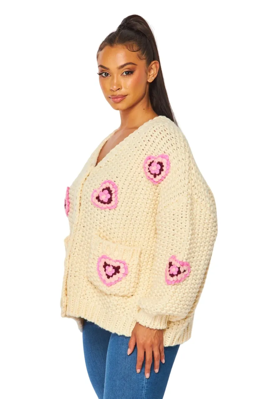 Hot & Delicious Women's Pink Floral Heart Chunky Knit Cardigan Sweater