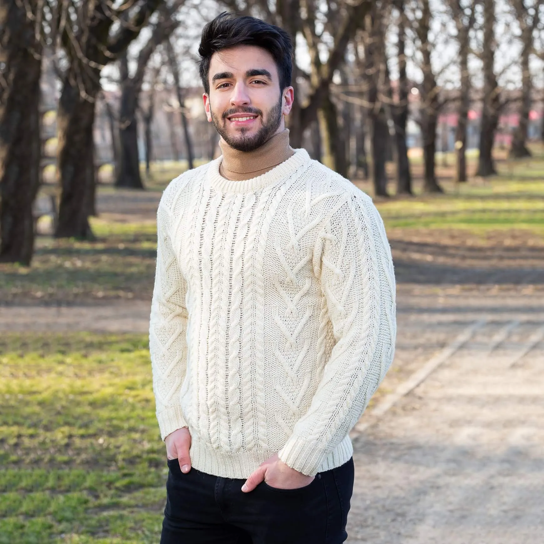 Irish Cable Knit Wool Aran Sweater for Men