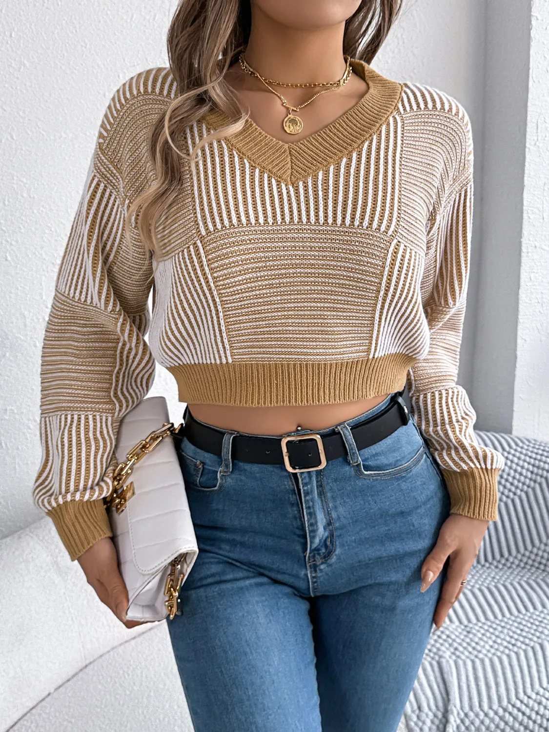 kesley Striped V-Neck Long Sleeve Sweater